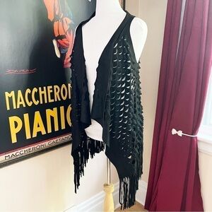 Step In Style: Universal Black Faux Suede Fringe Scale Cut Out Vest